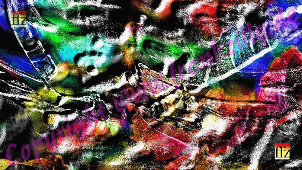 ... mit einem Klick auf das BildWerk ffnet sich ein vergrertes PopUp, das sich mit Taste F11 zum technisch wie  -bei mir zumindest-  natrlich auch inhaltlich qualitativ hochwertigen, bildschirmfllenden Vollbild erweitern lsst ...    Mein BildWerk selbst versammelt in sich all die Aspekte, bringt all die Faktoren (siehe Text speziell ber und unter dem vorgestellten BildWerk, wie aber auch generell auf all meinen websites) unter einen Hut, die fr mich  - und zwar auf oberster Ebene dies -  den immensen Unterschied ausmachen zwischen einem ber Gruppenzwnge und vieles, vieles mehr erzwungen-angepassten, trostlos traurigen, Kapitalismus-Lehrbuch-korrekten Lebenswandel (zum Wohle „unsichtbarer Dritter“ als Nutznieer) einerseits, einer (untergeordneten) „Existenz“ eben, und andererseits einem  -artgerechten-  "Da-SEIN" (beachten Sie bitte meine wohldurchdachte, in meinem Sinn philosophisch-korrekte Schreibweise des Begriffes), was himmelweit entfernt ist voneinander. Unsere Haus- res. Nutz-Tiere sind uns da voraus, sie betreffend ist –  ja, durch uns Menschen !  – eine artgerechte Haltung geregelt … … …   Doch all sowas fllt nicht vom Himmel. Einem womglich direkt in den Scho. Dafr muss man auch nicht nur "was tun", oh nein. Dafr muss man manches tun, auch viele ble "Krten schlucken", denn geerntet wird bekanntlich erst zum Schlu. Ein Zuckerschlecken war mein Leben nicht. Es hat eben alles s/einen Preis. Und manches sogar einen Wert …  … …  Am Anfang gilt es zunchst einmal berhaupt den Handlungsbedarf zu erkennen und gegen alle Dummbabbler (oder auch Dummschwtzer, Begriffe aus meinem badisch-schwbischen Heimat-Dialekt) sich durchzusetzen, also Rckgrat zu beweisen. Und das macht schon mal eher einsam als irgendwas anderes sonst. Doch wer dran bleibt, kommt irgendwann an den Point of No Return und ab dann wird’s zwar der Sache nach nicht leichter, doch das gibt pltzlich wieder sprbar Kraft und macht Mut, und so wird’s dann unterm Strich eben doch leichter. Man merkt instinktiv, dass man nun nicht mehr allein dasteht, wenngleich man das aus Sicht der anderen unverndert tut … … …  Ich bin geboren und aufgewachsen im neu erbauten Haus meiner Eltern. In einer nur langsam wachsenden, anfangs ziemlich separaten Neubausiedlung am Rande der A8 (!!), die den Ort, ein kleines Bauerndorf,  heute noch teilt. Ich entstamme bescheidenen Verhltnissen. Dort, in meinem damaligen Umfeld, hatte niemand Abitur. Und wahre, echte Bildung wohl nicht mal der Grundschul-Lehrer, denn der war Hau-drauf-Spezialist fr schallend-knallende, schmerzhafte Ohrfeigen. Und einen Kindergarten gab's fr uns in jener Nachkriegszeit gar nicht erst. Und ich war zu allem (meinem persnlichen) Unglck auch noch ein (heutzutage) sog. hochbegabtes Kind, was jedoch damals und in meinem Umfeld niemanden interessierte. Im Gegenteil. Als Kind passte ich mich -rundum- der schlicht dummen, so einfltigen wie wenig sensiblen „Breiten Masse“ an, um nicht gehnselt zu werden. Heute nennt man sowas Mobbing. Mal ehrlich, das klingt doch auch gleich viel zeitgemer, viel erwachsener, ja studierter gar und verstndnisvoller sowieso. Tja, liebe Mitbrgerinnen und Mitbrger, so war das. Frher. Und so sieht's aus (heute noch), denn viel sprich Wesentliches hat sich daran und in diesem meinem Heimatland leider nicht gendert ... Und so ist das Kind Frank – ungefrdert – in diesem bescheuerten System geistig und seelisch (fast) verhungert. Aber eben nur fast. Die 12 Kalenderjahre bis zum Abitur in der OberPrima (Klassenstufe 13) waren fr mich eine einzige, durchgngige   Q U A L  … Vor allem vom Gymnasium hatte ich mir damals nach der grauenhaft den, faden und langweiligen Grundschule viel, viel, so unsglich viel mehr erhofft. Doch was folgte, war stattdessen fast ab dem 1. Tag bereits – und auch da nur wegen des „Lehrkrpers aus einer anderen Zeit“ – ein einziger, durchgngiger Frust … … …  Heute gehe ich auf die Siebzig zu und bin dem Universum (res. dem Wesen, das das alles erschaffen hat und / oder verwaltet), nun, wo im Rckblick mein ganzes Leben einem Menschen erst seinen tieferen Sinn offenbaren kann, dankbar, denn nur so konnte ich der werden, der ich heute bin. Und ich kann – und will – mir nicht vorstellen, ein anderer zu sein.       2025-06-17  (der 17. Juni war mal unser Nationalfeiertag … )  Knstler Frank Friedrich Zilly (Jg. 1959)